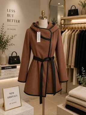 BB Dakota Brown Hooded Wrap Coat with Black Trim